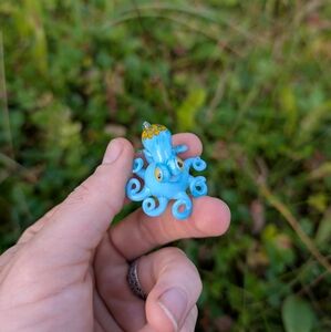 Sky Blue Yellow Spotted Hand Blown Glass Octopus Pendant Ornament